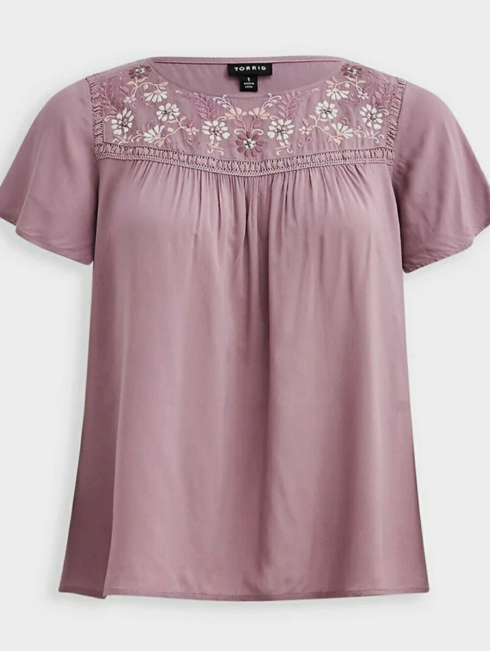 Torrid Purple floral-embroidered Flutter Sleeve Crew Neck Sequin Top Size 1